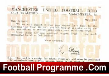 Manchester United Ticket Conformation 1968 European Final