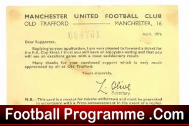 Manchester United Ticket Conformation 1976 FA Cup Final