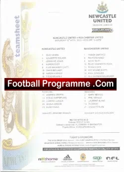 Newcastle United v Manchester United 2003 – Team Sheet Only
