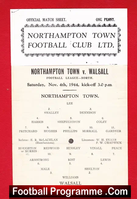 Northampton Town v Walsall 1944 – 1940s Football Programme