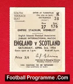 England v Scotland 1954 - School Boys Football Ticket Stub - football memorabilia