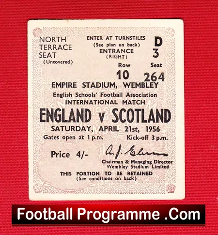 England v Scotland 1956 – School Boys Ticket Stub