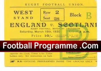 England v Scotland Rugby 1930 – Match Ticket at Twickenham