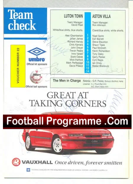Luton Town v Aston Villa 1992 – Multi Autographed Signed