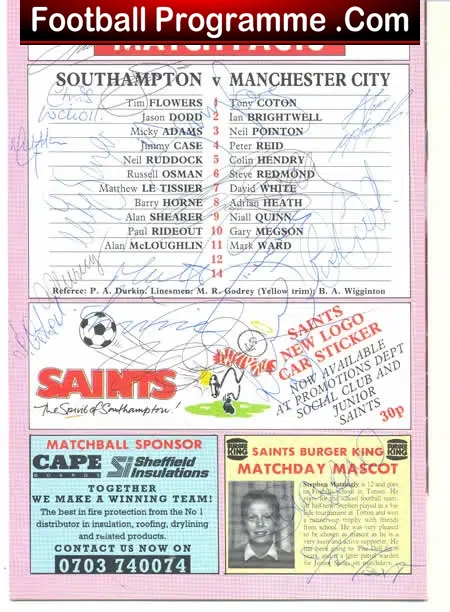Southampton v Manchester City 1990 - Multi Signed Autographed