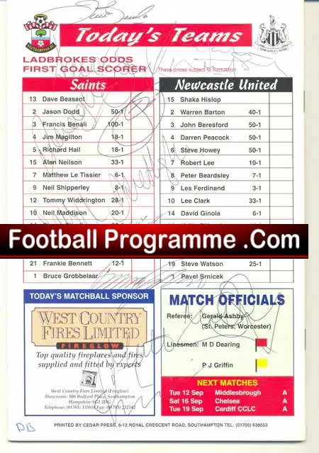 Southampton v Newcastle United 1995 – Multi Autographed