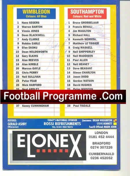 Wimbledon v Southampton 1995 – Youth Semi Multi Autographed