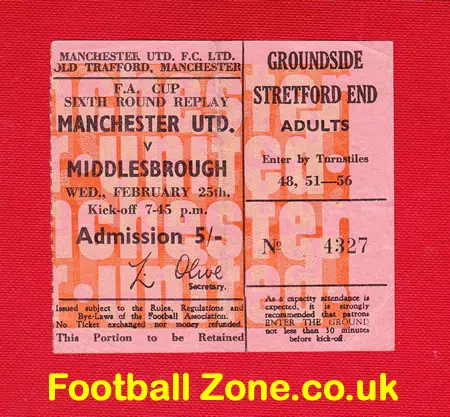 Manchester United v Middlesbrough 1970 - FAC QF Replay Ticket