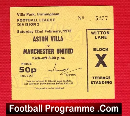 Aston Villa v Manchester United 1974 Ticket 2nd Division Season