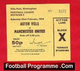 Aston Villa v Manchester United 1974 Ticket 2nd Division Season