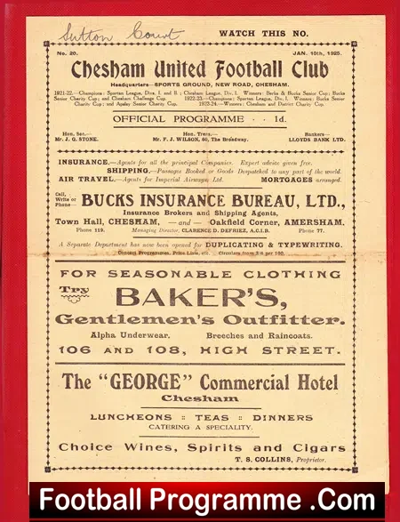 Chesham United v Sutton Court 1925 – Old 1920s Programmes
