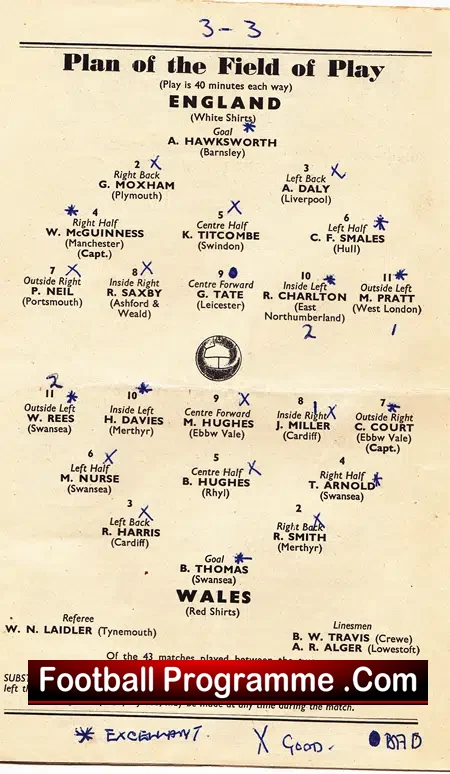 England v Wales 1953 – Wembley – Youth Bobby Charlton