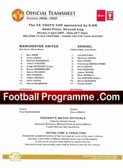 Manchester United v Arsenal 2007 - FA Youth Cup Semi Final - football programme