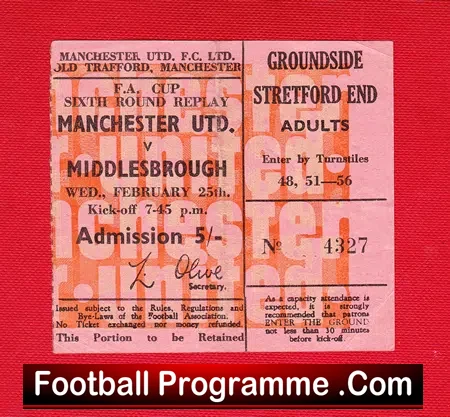 Manchester United v Middlesbrough 1970 – FAC QF Replay Ticket