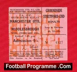 Manchester United v Middlesbrough 1970 – FAC QF Replay Ticket