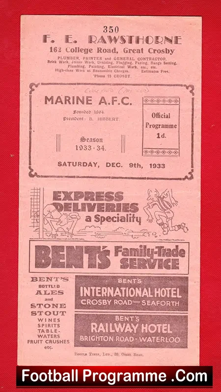 Marine Athletic v Cockfield 1933 – Rare 1930s Programme