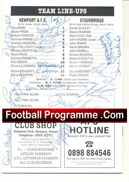 Newport County v Stourbridge 1991 – Multi Autographed Signed
