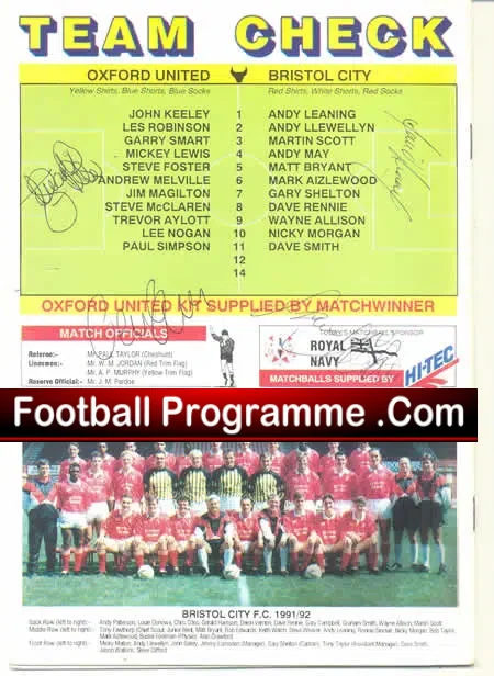 Oxford United v Bristol City 1991 – Multi Autographed