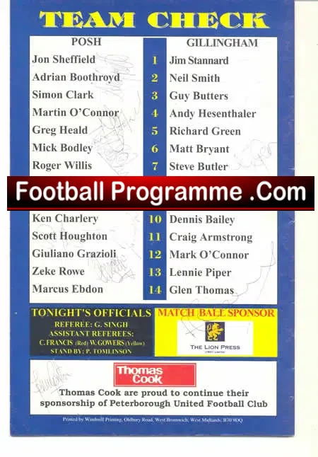 Peterborough United v Gillingham 1996 – Multi Autographed