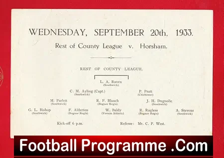 Rest Of County League v Horsham 1933 – 1930s Programme