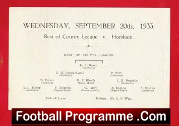 Rest Of County League v Horsham 1933 – 1930s Programme