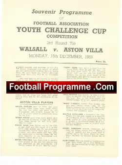 Walsall v Aston Villa 1958 – Youth Cup Single Sheet