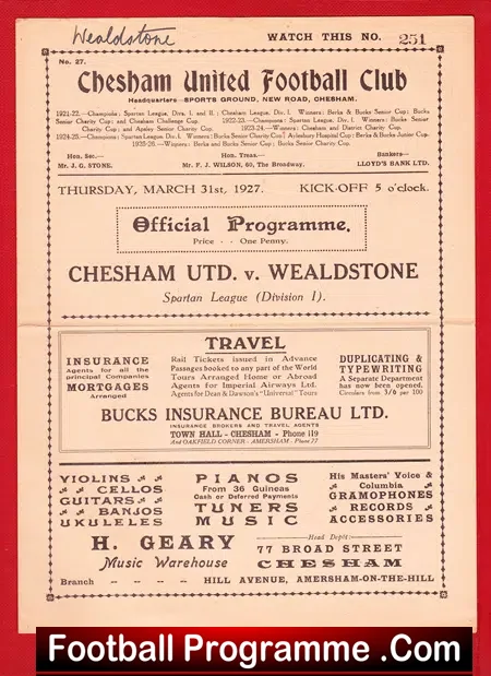 Chesham United v Wealdstone 1927 – Old 1920s Programme