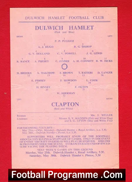 Dulwich Hamlet v Clapton 1942 – 1940s