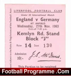 England v Germany 1963 – Under 23 at Anfield Liverpool Ticket