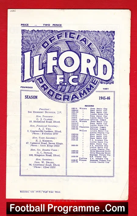 Ilford v Corinthian Casuals 1945 – 1940s Programme