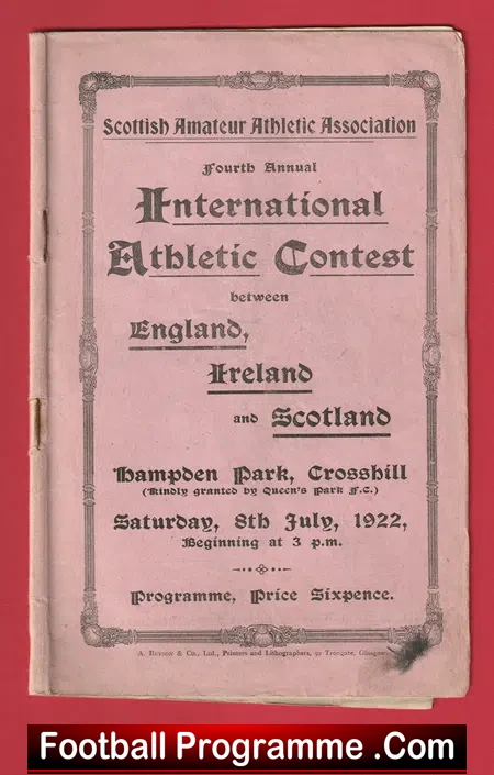 International Athletics Contest Hampden Park Scotland - 1922 - sport programme