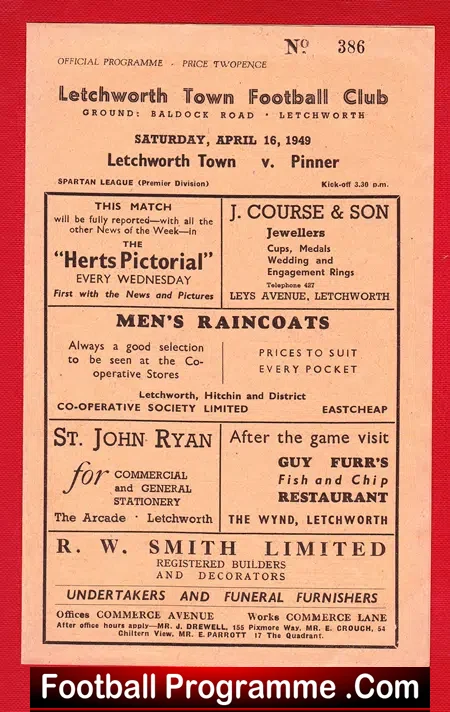 Letchworth Town v Pinner 1949 – 1940s Football Programme
