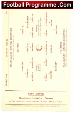 Manchester United v Blackburn Rovers 1957 Reserve Bobby Charlton - football programme