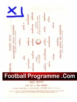 Manchester United v Preston 1957 - Reserve + Bobby Charlton - football programme