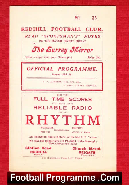 Redhill v Sutton United 1935 – Old 1930s Programme