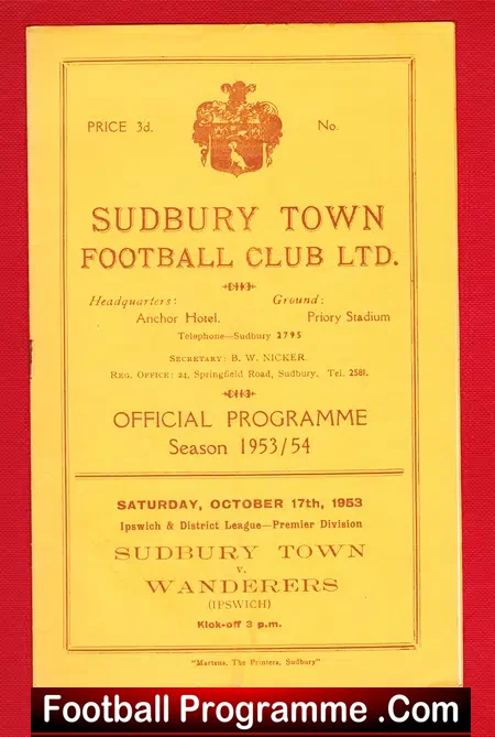Sudbury Town v Wanderers 1953 – 1950s Programme