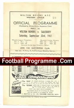 Welton Rovers v Salisbury Town 1961 - football programme
