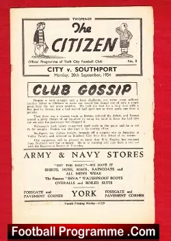 York City v Southport 1954 - Plus Printing Error - football programme