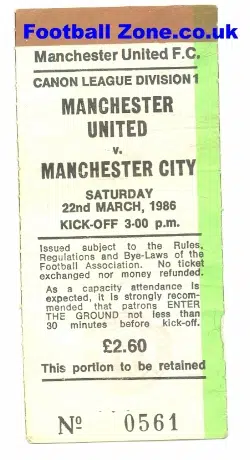 Manchester United v Manchester City 1986 - Ticket Stub