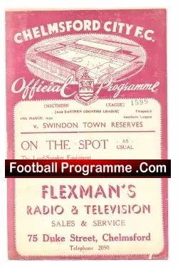 Chelmsford City v Swindon Town 1939 – Reserves Match Programme