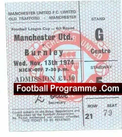 Manchester United v Burnley 1974 – Ticket 2nd Division Season