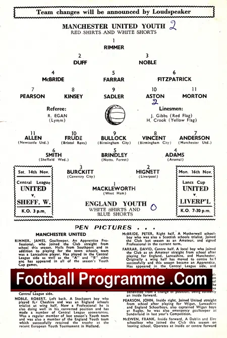Manchester United v England 1964 – Youth Game Old Trafford