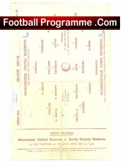 Manchester United v Huddersfield Town 1958 - Reserves + Tok - football programme