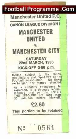 Manchester United v Manchester City 1986 – Ticket Stub