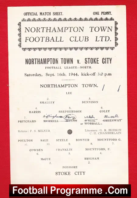 Northampton Town v Stoke City 1944 – War Time Football Programme