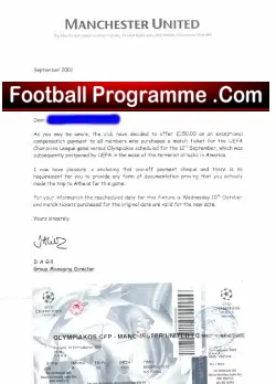 Olympiakos Piraeus v Man Utd 2001 Ticket Posponed 911 + Letter