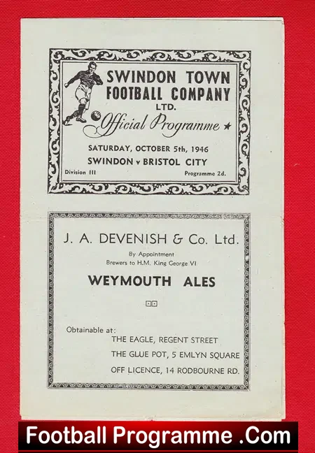 Swindon Town v Bristol City 1946 – 1940s Programme