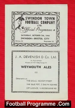 Swindon Town v Bristol City 1946 - 1940s Programme - football programme