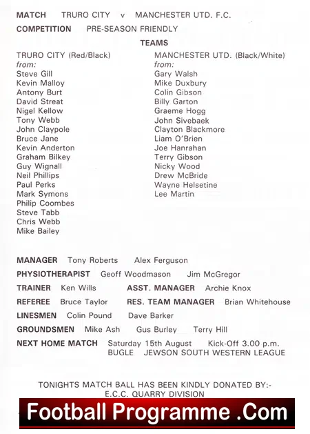 Truro City v Manchester United 1987 – Albert Rowe Memorial