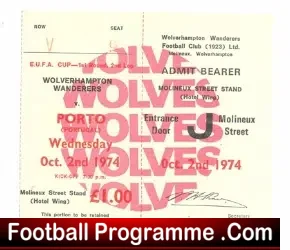 Wolves Wolverhampton v Porto 1974 – Unused Football Ticket